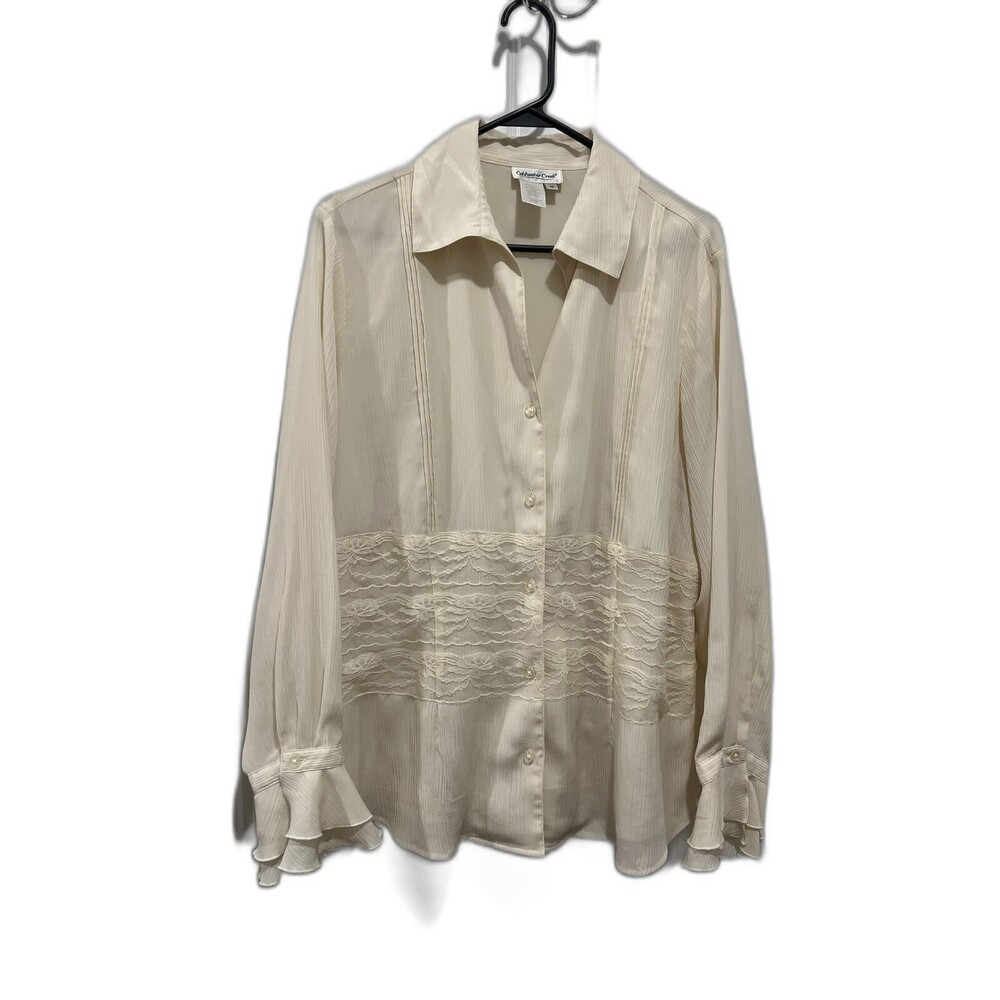 coldwater creek 1x tops blouse Polyester Lined Blouse With Lace Trim And Ruffles